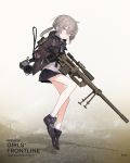  1girl astg backpack bag bolt_action cheytac_m200 commentary girls_frontline gloves gun headphones highres holding holding_gun holding_weapon jacket m200_(girls_frontline) official_art open_clothes open_jacket ponytail purple_eyes rifle shoes silver_hair simple_background skirt sneakers sniper_rifle socks solo weapon 