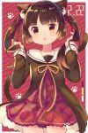  1girl absurdres animal_ear_fluff animal_ears bangs blush brown_dress brown_hair cat_day cat_ears cat_girl cat_tail commentary_request dated diagonal_stripes dress eyebrows_visible_through_hair fingernails hair_ribbon hands_up head_tilt highres holding holding_hair ikari_(aor3507) long_hair long_sleeves neck_ribbon original parted_lips plaid plaid_dress red_background red_dress red_eyes red_ribbon ribbon sailor_collar sailor_dress sleeves_past_wrists solo striped tail tail_raised twintails two-tone_background white_background white_sailor_collar yellow_ribbon 