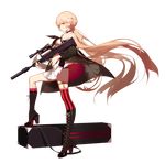  1girl blonde_hair boots breasts brown_boots collar cross-laced_footwear girls_frontline gun holding holding_gun holding_weapon lips long_hair ots-14_(girls_frontline) personification pleated_skirt red_legwear single_thighhigh skirt skirt_lift solo striped striped_legwear thighhighs thighs weapon yellow_eyes 