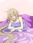  bed_sheet bow brown_hair fang green_eyes hair_bow long_hair lying magilou_(tales) nude on_stomach open_mouth pillow pink_background pointy_ears sketch solo tales_of_(series) tales_of_berseria tusia very_long_hair 