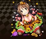  1girl animal_ears breasts brown_eyes brown_hair candy cat_bell cat_ears cat_paws choker cleavage elie from_above hair_ornament halloween kneeling large_breasts pumpkin rave smile thighhighs 