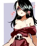  1girl black_hair blush breasts cowgirl_position dress girl_on_top haiku_(the_loud_house) hair_over_one_eye half-closed_eyes heart highres implied_sex jcm2 long_hair looking_down makeup motion_lines nipples red_dress small_breasts straddling the_loud_house 