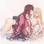  all_fours ass bandages bed between_legs biting blonde_hair blush breast_grab breasts brown_hair closed_eyes collarbone ear_biting frown garter_straps girl_on_top grabbing hair_between_eyes highres interlocked_fingers lips long_hair looking_at_another lying magilou_(tales) messy_hair multiple_girls nipples nude on_back one_eye_closed pillow pink_legwear pointy_ears simple_background small_breasts tales_of_(series) tales_of_berseria thighhighs tusia velvet_crowe very_long_hair white_background yellow_eyes yuri 