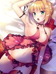  absurdres ahoge arm_ribbon arm_up armpits babydoll black_ribbon blonde_hair blush bow bow_panties breasts choker cleavage fate/extra fate_(series) green_eyes hair_ribbon highres kisaragi_saki large_breasts looking_at_viewer lying navel nero_claudius_(fate) nero_claudius_(fate)_(all) on_back open_mouth panties red_legwear red_panties ribbon ribbon_choker see-through shiny shiny_skin solo strap_gap thigh_gap thighhighs underwear 