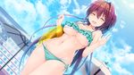  aqua_bikini bikini blush breasts closed_eyes day dutch_angle eyebrows_visible_through_hair frilled_bikini_top frills greatmosu hair_ornament hairclip highres large_breasts layered_bikini long_hair natsuiro_koi_uta navel official_art open_mouth outdoors purple_hair side-tie_bikini solo swimsuit takanashi_hikaru very_long_hair 