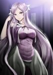  1girl administrator_(sao) breasts closed_mouth dress hair_ornament highres indoors large_breasts long_hair purple_dress purple_eyes purple_hair quinella ryuzaki_71 silver_hair smile solo sword_art_online very_long_hair window 