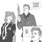  1girl aldo_raine armband brad_pitt drawfag english german inglourious_basterds iron_cross knife monochrome nazi neon_genesis_evangelion soryu_asuka_langley swastika 