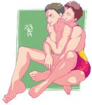  2boys barefoot hugging male_focus multiple_boys muscle naughty_face sitting smile teeth undressing yaoi 