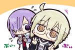  &gt;:) 2girls artoria_pendragon_(all) bangs black_dress black_jacket blush_stickers braid brown_eyes closed_mouth commentary_request double_v dress eyebrows_visible_through_hair fate/grand_order fate_(series) flying_sweatdrops glasses gym_shirt hair_between_eyes hair_over_one_eye hood hood_down hooded_jacket jacket kasuga_yuuki light_brown_hair mash_kyrielight multiple_girls mysterious_heroine_x_(alter) necktie open_clothes open_jacket orange_background purple_eyes purple_hair red_neckwear shirt sidelocks smile two-tone_background v v-shaped_eyebrows white_background white_jacket white_shirt 