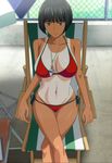  1girl bikini black_hair blue_eyes bra breasts character_request copyright_request dark_skin highres inomaru large_breasts panties short_hair sitting solo stitched tanline 