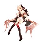  1girl blonde_hair boots bra breasts brown_boots collar cross-laced_footwear girls_frontline gun holding holding_gun holding_weapon long_hair one_eye_closed ots-14_(girls_frontline) personification pleated_skirt red_legwear single_thighhigh solo striped striped_legwear thighhighs thighs torn_clothes torn_legwear torn_thighhighs weapon yellow_eyes 