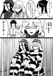  alternate_costume battleship_hime bifidus comic commentary flying_sweatdrops glasses greyscale hat horns hyuuga_(kantai_collection) kantai_collection kitakami_(kantai_collection) mitsukoshi_(department_store) monochrome multiple_girls prison prison_cell prison_clothes scarf shinkaisei-kan simple_background supply_depot_hime translated 