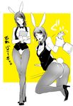  2boys animal_ears blush bowtie bulge bunny_ears bunnysuit gundam gundam_tekketsu_no_orphans high_heels isurugi_camice leotard long_hair male_focus mcgillis_fareed monochrome multiple_boys pantyhose short_hair sweat translation_request wrist_cuffs yaoi yoshiragi 