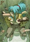  1girl blue_hair botan_(yuu_yuu_hakusho) breasts cheek_bulge cum cum_on_breasts cum_on_hair facial fellatio glory_hole handjob interracial kennoarkkan large_penis nipples partially_clothed pink_eyes ponytail text yuu_yuu_hakusho 