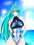  1girl bangs beach breasts competition_swimsuit earrings gem green_eyes green_hair hair_ornament headpiece highres hksicabb jewelry large_breasts long_hair looking_at_viewer nintendo ocean one-piece_swimsuit pneuma_(xenoblade_2) ponytail pose smile solo spoilers swept_bangs swimsuit tiara very_long_hair xenoblade_(series) xenoblade_2 