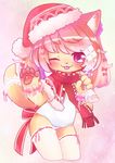  artist_request cat christmas_hat furry pink_hair scarf school_swimsuit short_hair tongue violet_eyes 