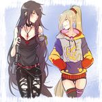  :d amputee bag belt black_hair blonde_hair bookbag breasts choker cleavage collarbone contemporary cowboy_shot gradient green_eyes hair_over_one_eye hands_in_pocket holding_strap hood hoodie jewelry long_hair looking_at_another magilou_(tales) multicolored_hair multiple_girls necklace open_mouth pants pendant pointy_ears ponytail pout scrunchie short_shorts shorts small_breasts smile smirk tales_of_(series) tales_of_berseria tank_top thighhighs torn_clothes tusia velvet_crowe very_long_hair yellow_eyes 