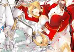  :d aestus_estus arm_up artist_name bangs belt blonde_hair bodysuit boots braid breasts bridal_veil center_opening chain cleavage commentary_request detached_sleeves dress epaulettes fate/extra fate/extra_ccc fate_(series) french_braid frilled_sleeves frills from_above gloves green_eyes hair_between_eyes hair_bun high_heel_boots high_heels holding holding_sword holding_weapon kagachi_saku lace lace-trimmed_dress large_breasts leotard lock long_dress long_sleeves looking_at_viewer multiple_girls nero_claudius_(bride)_(fate) nero_claudius_(fate) nero_claudius_(fate)_(all) open_mouth padlock petals puffy_long_sleeves puffy_sleeves red_dress rotational_symmetry showgirl_skirt sidelocks signature simple_background smile sword thighs veil weapon white_background white_bodysuit white_gloves white_leotard zipper 