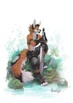  2016 4_toes 5_fingers anthro black_nose blue_eyes canine clothed clothing digitigrade fennec fluffy fluffy_tail fox fur holding_object holding_weapon male mammal melee_weapon orange_fur simple_background sitting solo sword thanshuhai toes topless weapon white_background 