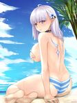  ahoge arm_support ass back bangs bare_legs barefoot beach bikini blunt_bangs blush braid breasts butt_crack choker closers cloud commentary_request covering covering_breasts day from_behind large_breasts levia_(closers) long_hair looking_at_viewer looking_back parted_lips partially_submerged pointy_ears shaojiang silver_eyes silver_hair single_braid sitting solo striped striped_bikini swimsuit topless yokozuwari 