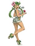  ass bare_arms bare_legs blue_bow bow breasts dark_skin flower from_side full_body genzoman green_eyes green_footwear green_hair hair_flower hair_ornament holding ladle leaf leg_up long_hair looking_at_viewer mao_(pokemon) no_socks open_mouth overalls poke_ball poke_ball_(generic) pokemon pokemon_(game) pokemon_sm round_teeth shoes sideboob skin_tight small_breasts solo teeth throwing_poke_ball tiptoes trial_captain twintails white_background 