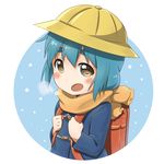  :d backpack bag blue_hair blush breath brown_eyes circle clenched_hand dokka_no_kuni_no_kokuou furutani_kaede hat looking_at_viewer open_mouth scarf school_hat sideways_mouth smile snowing solo thick_eyebrows upper_body winter yuru_yuri 