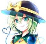  bangs black_hat bow commentary frilled_shirt_collar frills green_eyes green_hair grin hair_between_eyes hat hat_bow heart heart_of_string koissa komeiji_koishi looking_at_viewer portrait sharp_teeth shirt short_hair simple_background smile solo teeth third_eye touhou white_background yellow_bow yellow_shirt 