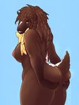  2016 anthro areola blue_background breasts brown_eyes brown_fur butt caprine cosmicdanger dreadlocks female fur holding_butt looking_back mammal nipples nude pink_nipples puffy_areola rear_view ribbons sheep simple_background smile solo standing watermark white_fur 