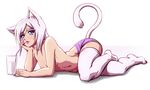  animal_ears bangs blue_eyes cat_ears cat_tail drink drinking_straw hand_on_own_face kit_(mazume) lipstick lying makeup mazume nail_polish navel on_side original panties pink_nails pink_panties simple_background solo swept_bangs tail thighhighs topless underwear white_background white_legwear 