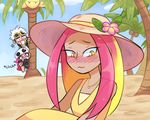  2girls alolan_exeggutor alolan_form alternate_hairstyle bandana bandana_over_mouth beach blonde_hair blush cellphone cellphone_camera dark_skin day dress eyewear_on_head flower guzma_(pokemon) hat jewelry long_hair multicolored_hair multiple_girls necklace palm_tree phone pink_hair plum!_(plumcea) plumeri_(pokemon) plumeria pokemon pokemon_(creature) pokemon_(game) pokemon_sm sun_hat sunglasses team_skull team_skull_grunt tree two-tone_hair white_hair yellow_dress yellow_eyes 