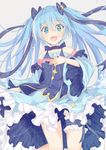  :d aqua_eyes bare_shoulders beamed_eighth_notes blue_hair blue_ribbon choker collarbone constellation_print dress eighth_note eyebrows_visible_through_hair grey_background hair_between_eyes hair_ornament hair_ribbon hairclip hand_on_own_chest hatsune_miku kavka leg_garter long_hair long_sleeves musical_note musical_note_print open_mouth quarter_note ribbon ribbon_choker simple_background smile snowflakes solo star star_night_snow_(vocaloid) starry_sky_print treble_clef twintails very_long_hair vocaloid wide_sleeves yuki_miku 