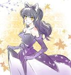  beauty_and_the_beast belle_(disney) belle_(disney)_(cosplay) black_hair blake_belladonna cosplay dress elbow_gloves fang floral_background gloves highres iesupa purple_dress purple_gloves rwby solo yellow_eyes 