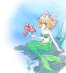  ahoge ariel_(disney) ariel_(disney)_(cosplay) arm_support bow bubble collarbone cosplay curly_hair disney green_eyes hair_bow highres iesupa mermaid monster_girl monsterification navel ocean_bottom orange_hair penny_polendina pink_bow rwby seaweed shell shell_bikini the_little_mermaid underwater 