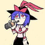  alcohol ascot beer bow capelet commentary drinking hat nagae_iku namesake product_placement purple_hair red_eyes setz simple_background sketch skirt solo touhou yellow_background 