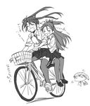  alternate_costume anger_vein bicycle blush closed_eyes collared_shirt greyscale ground_vehicle hair_between_eyes heart hug hug_from_behind kaga_(kantai_collection) kantai_collection katsuragi_(kantai_collection) loafers long_hair monochrome multiple_girls multiple_riders necktie pleated_skirt sanpachishiki_(gyokusai-jima) school_uniform shirt shoes side_ponytail sidesaddle simple_background skirt sleeves_rolled_up smile sweater_vest thighhighs translated twintails white_background zuikaku_(kantai_collection) 