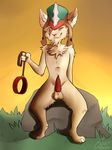  anthro barefoot body_hair chest_hair chin_tuft collar fluffy fur kled_(lol) knot league_of_legends leash looking_at_viewer male nude penis scar sody solo toes video_games white_fur yordle 