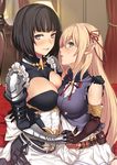  arisa_(shadowverse) armor armored_dress asymmetrical_docking bangs bare_shoulders belt belt_pouch black_eyes black_gloves black_hair blonde_hair blunt_bangs blush breast_press breasts brooch brown_gloves cleavage commentary deras elbow_gloves elf english_commentary erika_(shadowverse) from_side gauntlets glitter gloves gold_trim green_eyes hair_ribbon hand_on_another's_shoulder holding_hands interlocked_fingers jewelry large_breasts long_hair looking_at_viewer looking_to_the_side medium_breasts multiple_girls neck_ribbon parted_lips pauldrons pointy_ears pouch red_ribbon ribbon shadowverse short_hair yuri 