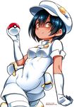  2016 aether_foundation_employee bangs black_hair blush breasts cabbie_hat covered_navel covered_nipples cowboy_shot dark_skin dated gloves hair_between_eyes hat highres holding holding_poke_ball holster looking_at_viewer medium_breasts pantyhose poke_ball poke_ball_(generic) pokemon pokemon_(game) pokemon_sm richou_(zerozero1101) shaded_face short_hair short_jumpsuit short_sleeves simple_background skin_tight smile solo thigh_holster twitter_username uniform white_background white_gloves white_hat white_legwear 