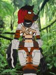  areola armor blue_eyes convenient_censorship cosplay costume djcoyoteguy equine female fishnet hair horse mammal multicolored_hair piercing predator red_hair solo two_tone_hair 