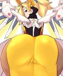  1girl artist_name ass bent_over bewbchan blonde_hair blue_eyes highres huge_ass long_hair looking_at_viewer looking_back mechanical_halo mechanical_wings mercy_(overwatch) overwatch ponytail pov_ass see-through signature smile solo thick_thighs thighs thong wide_hips wings 