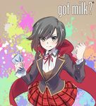  cape clenched_hand drinking_straw english highres iesupa milk milk_carton ruby_rose rwby school_uniform solo 