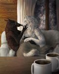  anthro beverage black_fur black_lip black_nose blue_eyes canine coffee detailed_background digitigrade duo female fur male mammal nude white_eyes white_fur wolf wolnir 