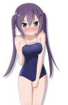  1girl blue_swimsuit blush breasts cleavage collarbone covered_navel cowboy_shot embarrassed gochuumon_wa_usagi_desu_ka? hair_ornament hairclip long_hair looking_at_viewer medium_breasts miruzawa_akechi purple_eyes purple_hair school_swimsuit shiny shiny_hair shiny_skin simple_background solo standing swimsuit tedeza_rize twintails v-shaped_eyebrows very_long_hair white_background 