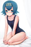  bangs bare_legs bare_shoulders barefoot bed_sheet between_legs black_swimsuit blue_eyes blue_hair blush breasts bright_pupils closed_mouth collarbone full_body ginhaha hairband hand_between_legs hand_on_own_knee looking_at_viewer on_bed one-piece_swimsuit pokemon pokemon_(game) pokemon_sm school_swimsuit seiza short_hair simple_background sitting small_breasts smile solo suiren_(pokemon) swimsuit trial_captain white_background 