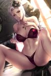  1girl absurdres ashe_(overwatch) bra breasts cameltoe cian_yo cianyo cleavage hat highres jewelry large_breasts looking_at_viewer midriff nail_polish navel necklace open_shirt overwatch panties pantsu red_bra red_eyes red_panties short_hair sitting smile solo spread_legs sweat underwear white_hair 