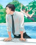  2015 2boys :d barefoot bikini black_hair business_suit dated dress_shirt formal futami_mami glasses idolmaster idolmaster_(classic) idolmaster_cinderella_girls jumping male_focus multiple_boys necktie nipples open_mouth pool producer_(idolmaster_anime) producer_(idolmaster_cinderella_girls_anime) see-through shirt short_hair side_ponytail smile suit swimsuit wet wet_clothes wet_hair white_shirt yuzuki_(hmr813k) 