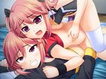  2girls anal ass bangs bare_shoulders bisexual_(female) black_ribbon breasts censored clenched_teeth dildo double_dildo double_penetration eyebrows_visible_through_hair ffm_threesome flower game_cg girl_on_top group_sex hair_flower hair_ornament hair_ribbon hetero hinamori_anzu hinamori_ichigo incest medium_breasts mosaic_censoring multiple_girls open_mouth pink_hair purple_eyes red_flower red_rose ribbon rolling_eyes rose sex shared_object_insertion shirt_lift short_hair siblings sisters sweat sweatband teeth thighhighs threesome twincest twins unagimaru vaginal volley_coaching! white_legwear 