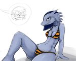  2014 ambiguous_gender anthro bikini blue_hair blue_scales breasts camel_toe clothed clothing digital_media_(artwork) dragon duo female female/ambiguous hair hi_res hladilnik navel nipples pictographics scales scalie simple_background solo_focus swimsuit tei&#039;lira white_background 