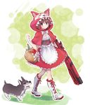  animal basket boots cosplay crescent_rose cross-laced_footwear eyebrows_visible_through_hair full_body gun highres hood iesupa knee_boots lace-up_boots little_red_riding_hood little_red_riding_hood_(grimm) little_red_riding_hood_(grimm)_(cosplay) picnic_basket ruby_rose rwby solo weapon welsh_corgi white_footwear zwei_(rwby) 