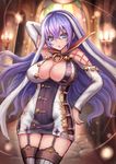  :o arm_behind_head arm_up armpits black_legwear blue_eyes breasts cleavage commentary_request cowboy_shot dress garter_straps hair_between_eyes isabelle_(shadowverse) large_breasts long_hair looking_at_viewer multicolored_hair purple_hair shadowverse short_dress solo sumapan thighhighs two-tone_hair v-shaped_eyebrows white_hair 